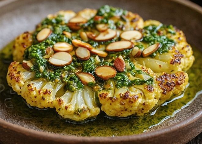 Roasted Cauliflower Elegance with Almond Herb Drizzle