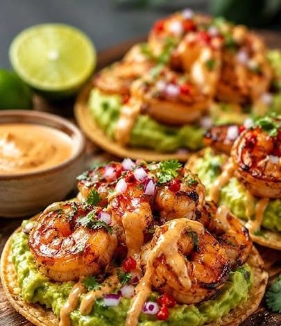 Shrimp Tostadas with Guacamole & Chipotle Sauce.