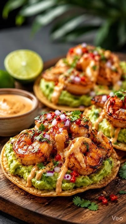 Shrimp Tostadas with Guacamole & Chipotle Sauce.